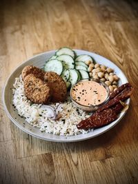 High angle view of breakfast served on table