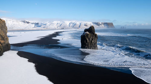 Scenic view of sea against blue sky during winter