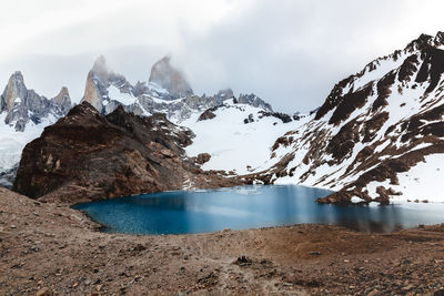 Scenic view of snowcapped mountains and lake against sky