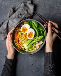 High angle view of person preparing food