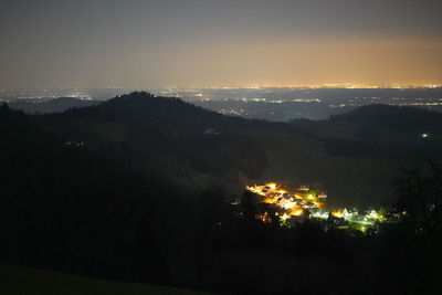 High angle view of illuminated city against sky at sunset