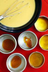 High angle view of tea cups on table