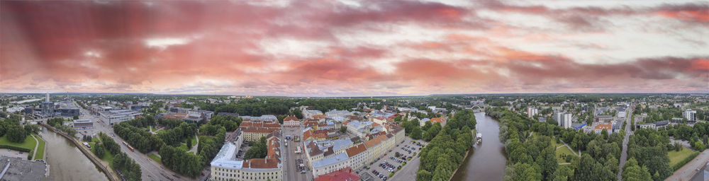 High angle shot of townscape against sky