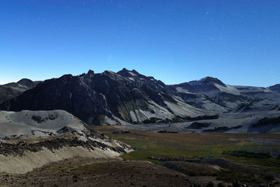 Scenic view of snowcapped mountains against clear blue sky