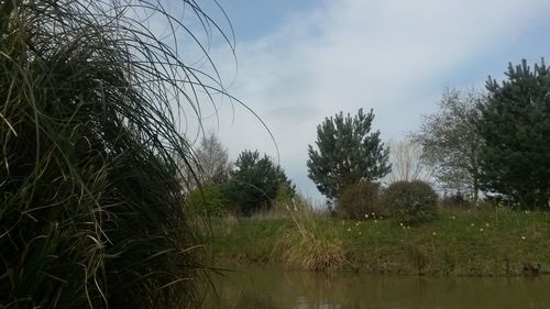 Scenic view of lake against cloudy sky