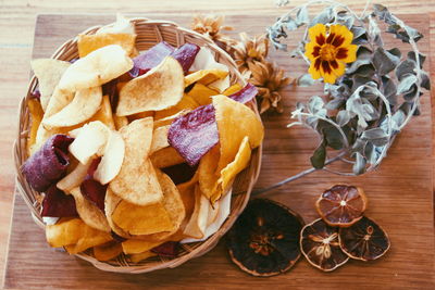 High angle view of various flowers in bowl on table