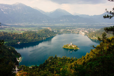 High angle view of lake with an island