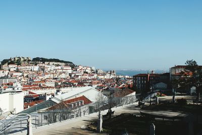 High angle view of townscape against blue sky