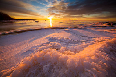 Frozen baltic sea during sunset