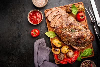 High angle view of meal served on black background