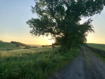 Road amidst field against sky during sunset