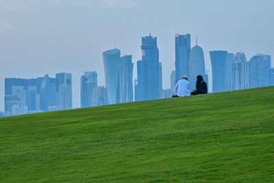 High angle view of cityscape against clear sky