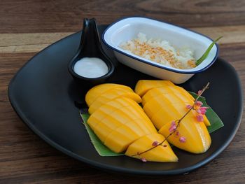 High angle view of breakfast on table