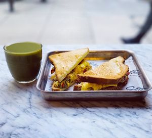 Close-up of breakfast served on table