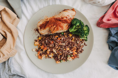 High angle view of food in plate