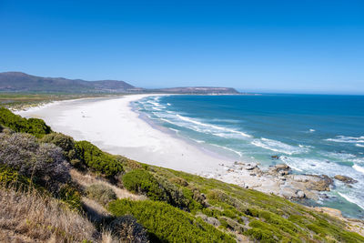 Scenic view of sea against clear blue sky