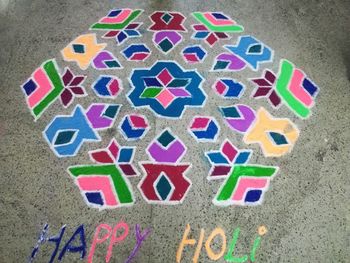 High angle view of colorful painting on wall