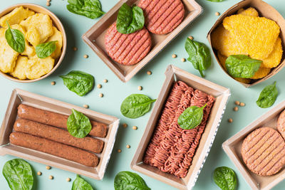 High angle view of food served on table