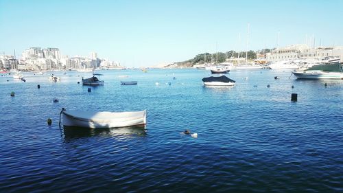 Sailboats moored in sea against clear blue sky