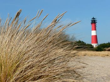 Lighthouse on beach against clear sky