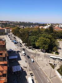 High angle view of street amidst buildings in city