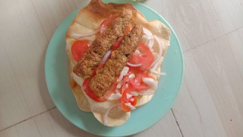 High angle view of breakfast served on table