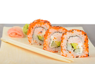 Close-up of sushi served in plate