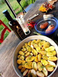 High angle view of fruits in bowl on table