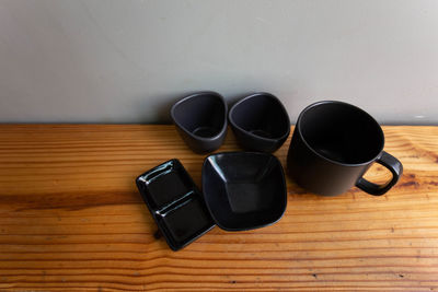 High angle view of coffee cup on table