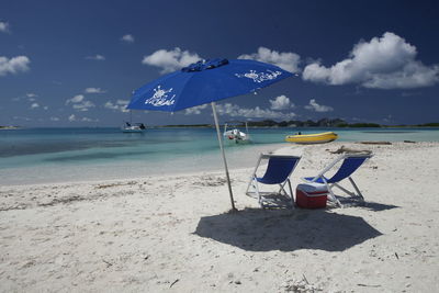 Deck chairs and sunshade on beach against sky