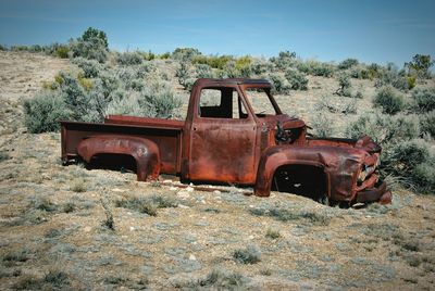 Abandoned car on field