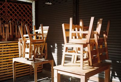 Chairs stacked on tables