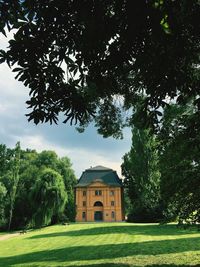 Trees and houses on field against sky