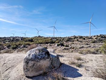 Wind turbines on field against sky