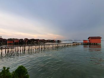 House by sea against sky during sunset