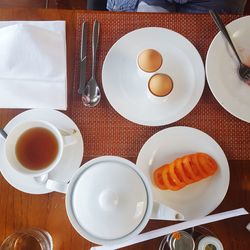 High angle view of breakfast on table