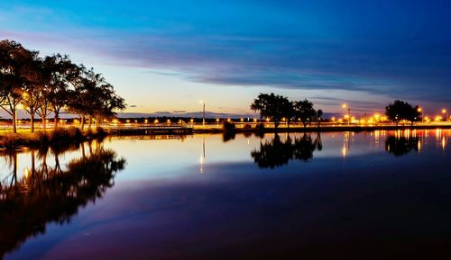 Scenic view of river against sky at sunset