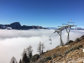 Overhead cable car over mountains against clear sky