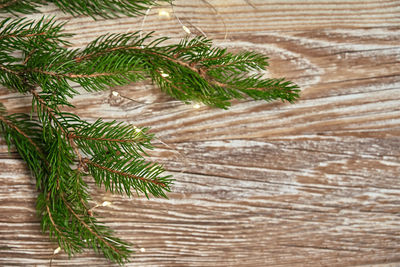 Christmas greeting banner on wooden backround, flat lay