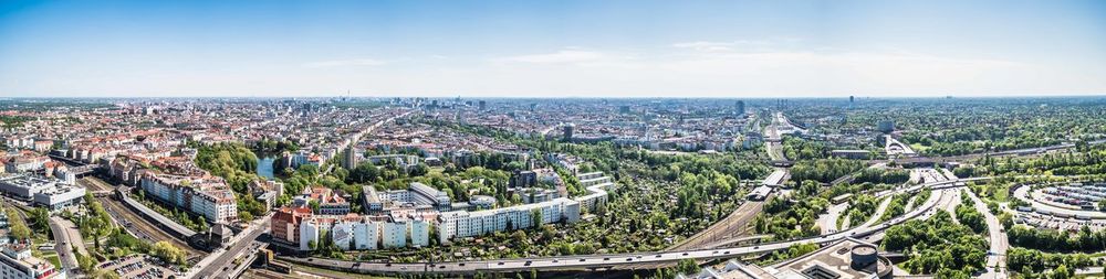 High angle view of city buildings against sky