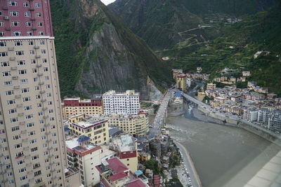 High angle view of buildings in city