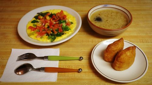 High angle view of food in plate on table