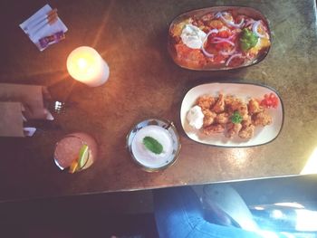 High angle view of food served on table