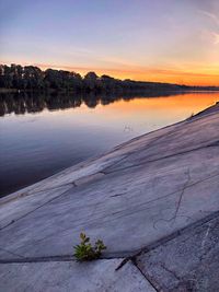 Scenic view of lake against sky at sunset