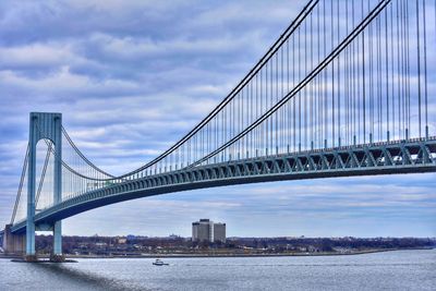 View of suspension bridge against cloudy sky