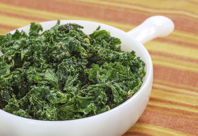 High angle view of salad in bowl on table