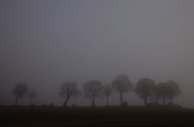 Silhouette trees on field against sky during foggy weather