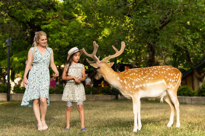 Mother and daughter standing by deer at zoo