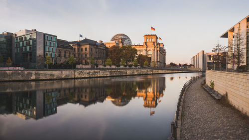 Reichstag building by river against clear sky