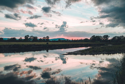 Scenic view of lake against sky during sunset